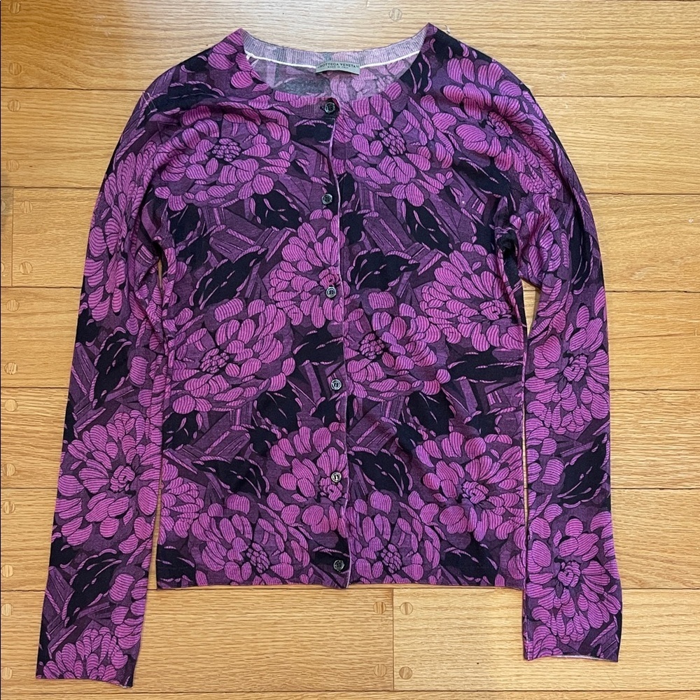 BOTTEGA VENETA Purple and Black Floral Cashmere Cardigan Small to Medium